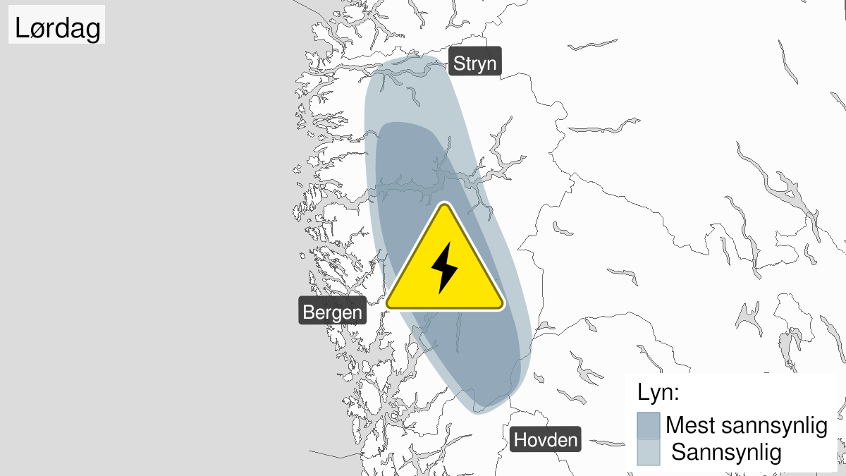Kart over mye lyn pågår, gult nivå, Vestland fylke, 10 July 15:00 UTC til 10 July 20:00 UTC.
