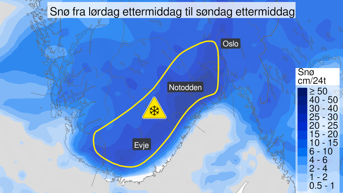 Kart over Snø, gult nivå, Deler av Agder og Østlandet, 2023-01-14T12:00:00+00:00, 2023-01-15T12:00:00+00:00
