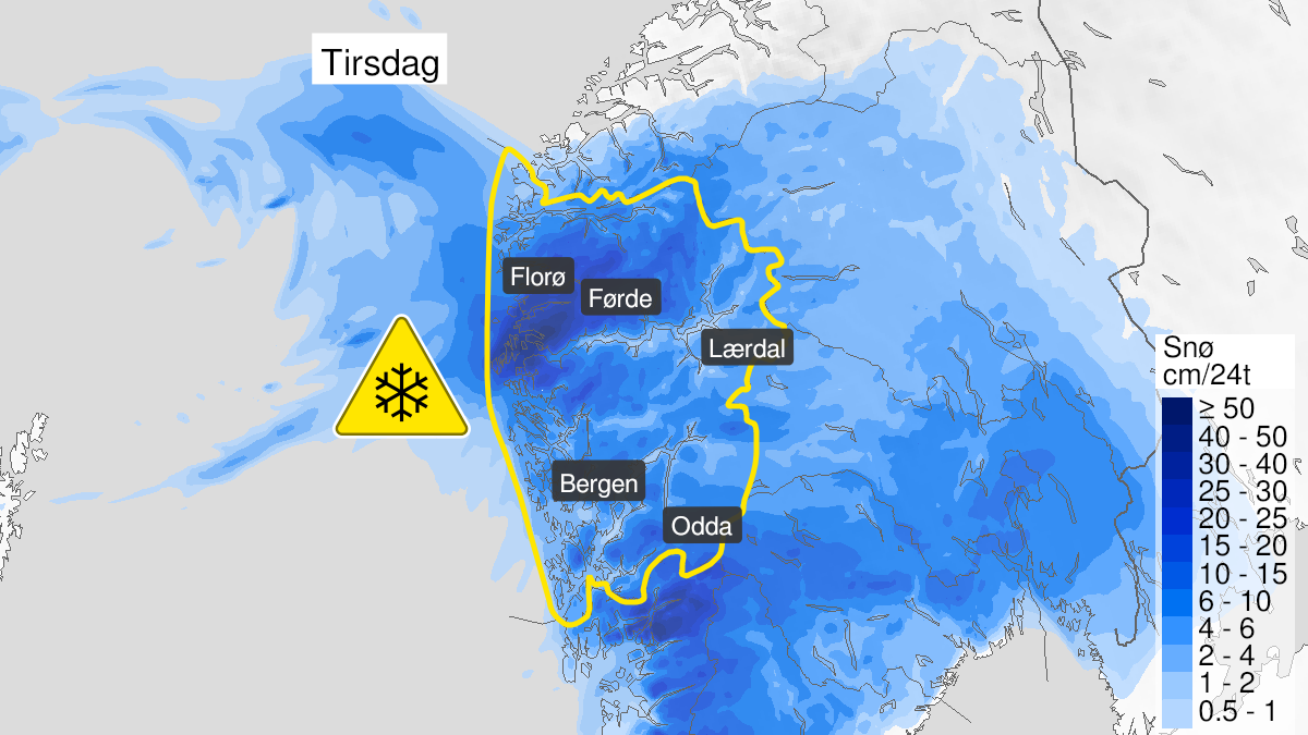 Map over Snow, yellow level, Vestland south of Sognefjorden, 2023-03-28T03:00:00+00:00, 2023-03-28T22:00:00+00:00