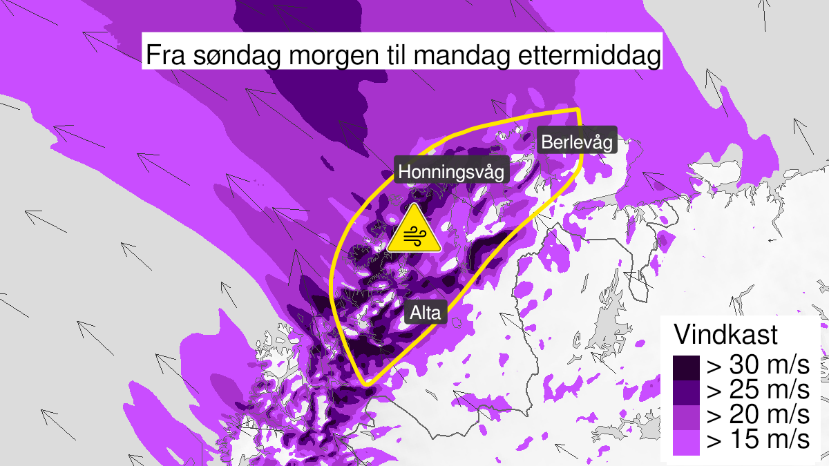 Kart over Kraftige vindkast, gult nivå, Deler av nord-Troms og kyst- og fjordstrøkene Finnmark, 2023-01-08T05:00:00+00:00, 2023-01-09T14:00:00+00:00