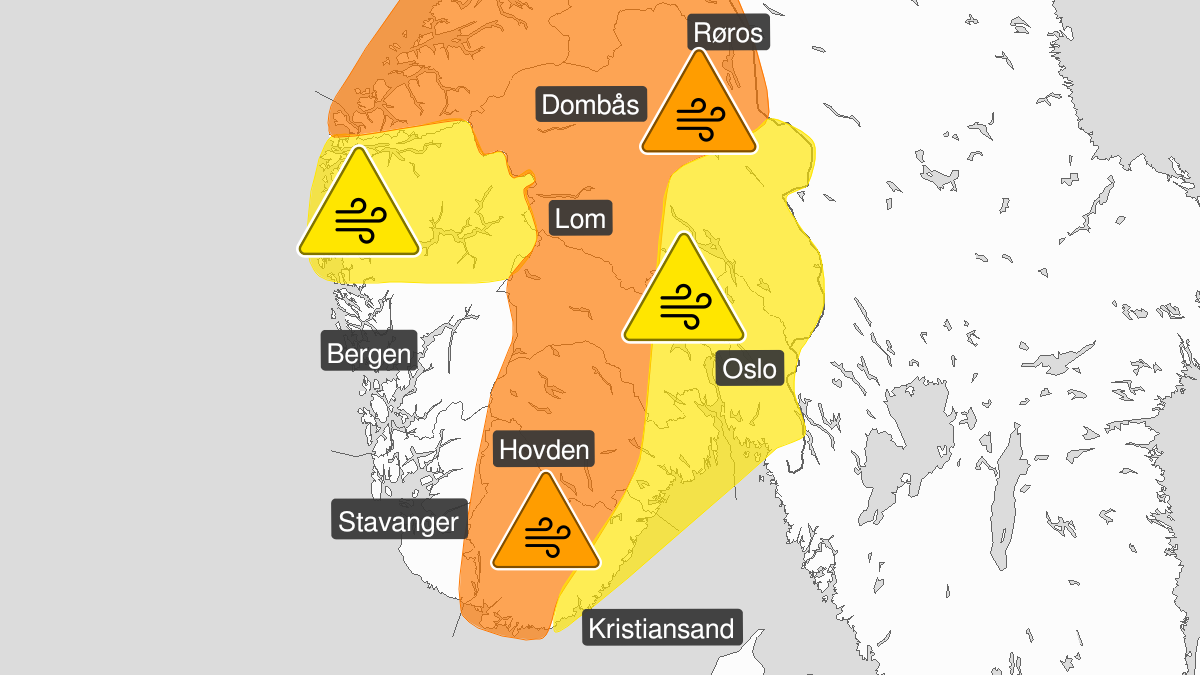 Map of very strong wind gusts, orange level, Vest-Agder, Aust-Agder, Telemark, Buskerud, Oppland and Hedmark, 16 January 18:00 UTC to 17 January 04:00 UTC.