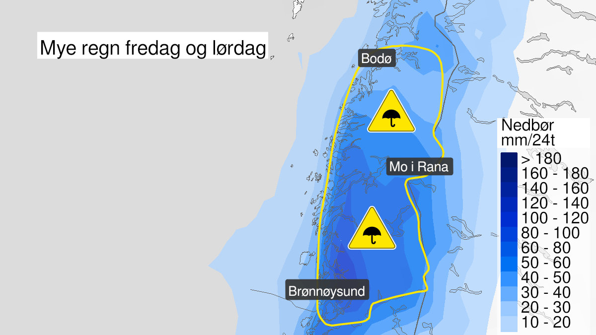 Kart over mye regn, gult nivå, Helgeland og Salten, 17 December 11:00 UTC til 18 December 17:00 UTC.