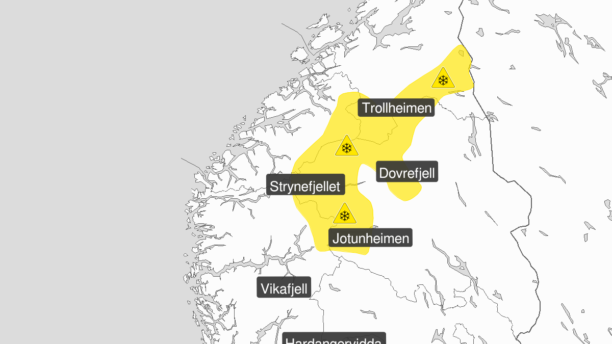 Kart over kraftig snøfokk, gult nivå, Jotunheimen, Fjellstrøkene Trollheimen - Strynefjellet og Fjellstrøkene Dovrefjell - svenskegrensa,, 04 April 13:00 UTC til 06 April 23:00 UTC.