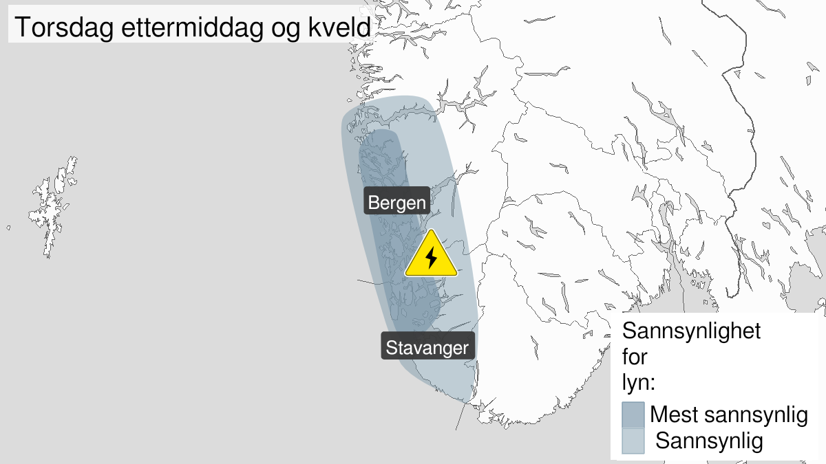Kart over Mye lyn, gult nivå, Rogaland og deler av Vestland, 2024-05-30T13:00:00+00:00, 2024-05-30T19:00:00+00:00