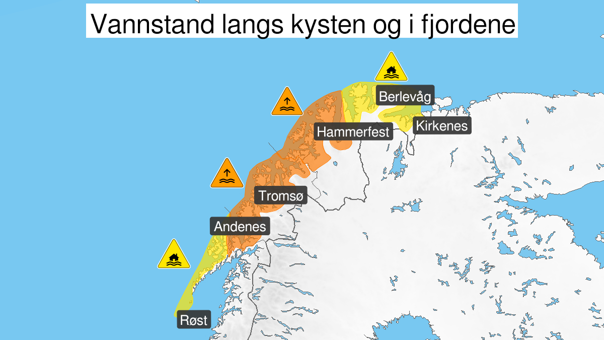 Kart over Mulighet for ekstremt høy vannstand, oransje nivå, Kyst- og fjordstrøk i Troms, Kyst- og fjordstrøk i Vest-Finnmark, 2024-01-29T13:00:00+00:00, 2024-01-29T17:00:00+00:00