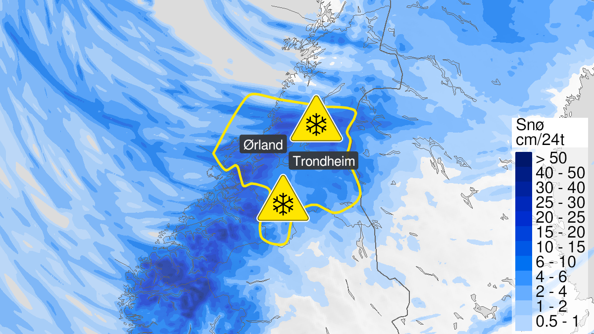 Map of snow, yellow level, Trøndelag, 09 April 10:00 UTC to 10 April 18:00 UTC.