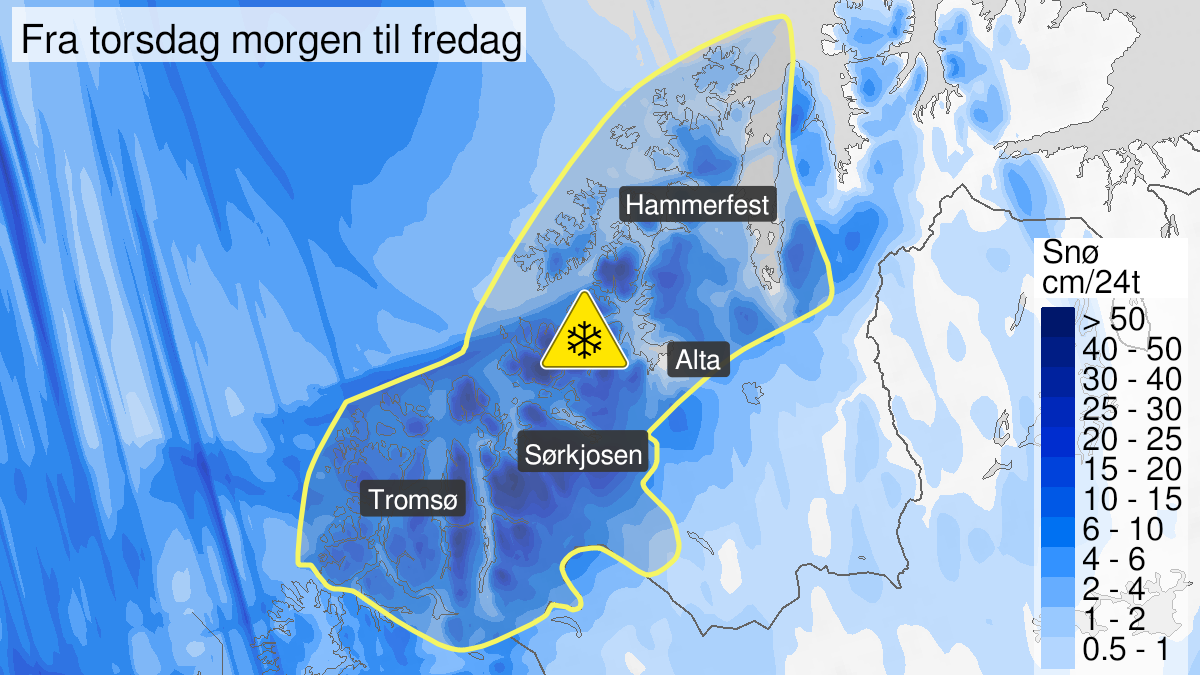 Kart over snø, gult nivå, Nord-Troms og Kyst- og fjordstrøkene i Vest-Finnmark, 19 November 08:00 UTC til 20 November 10:00 UTC.