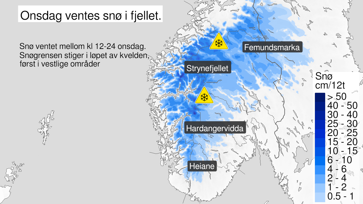 Kart over snø, gult nivå, Fjellet i Sør-Norge unntatt Langfjella , 13 October 10:00 UTC til 14 October 00:00 UTC.