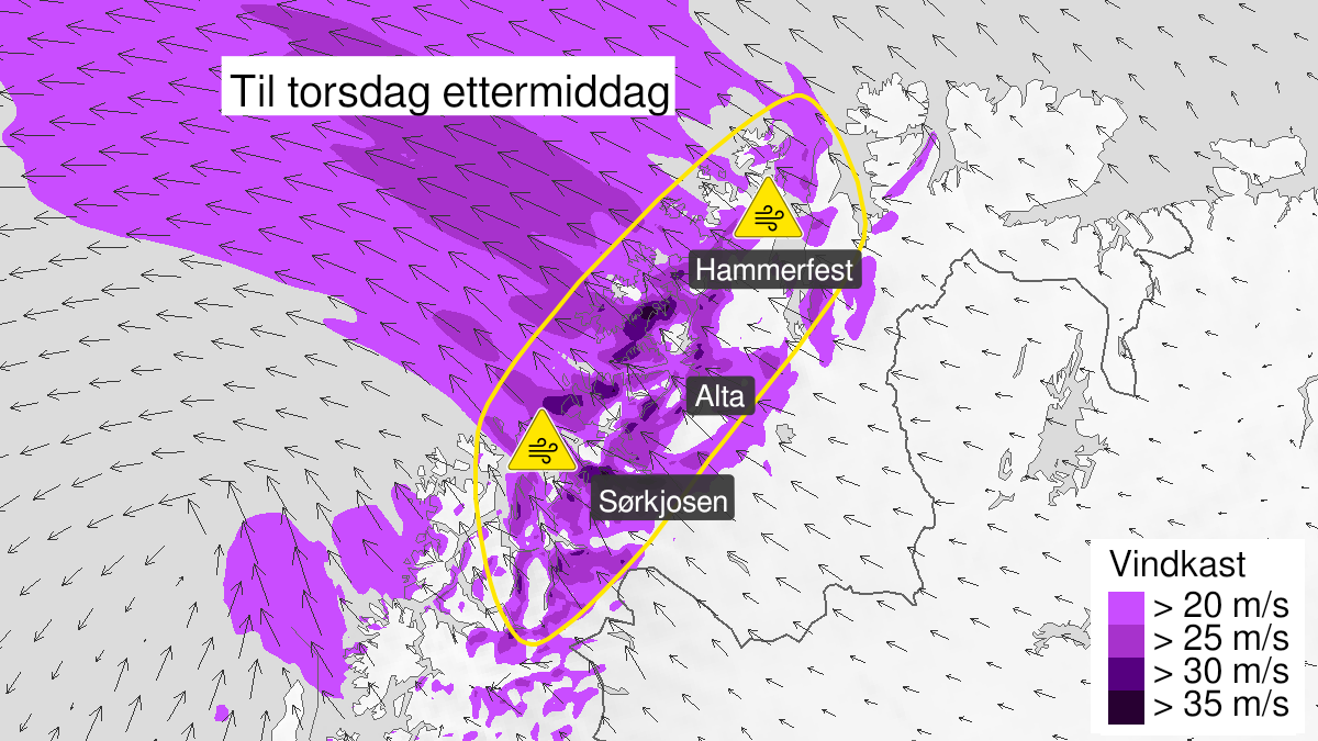Kart over kraftige vindkast, gult nivå, Nord-Troms og Kyst- og fjordstrøkene i Vest-Finnmark, 28 October 02:00 UTC til 28 October 13:00 UTC.