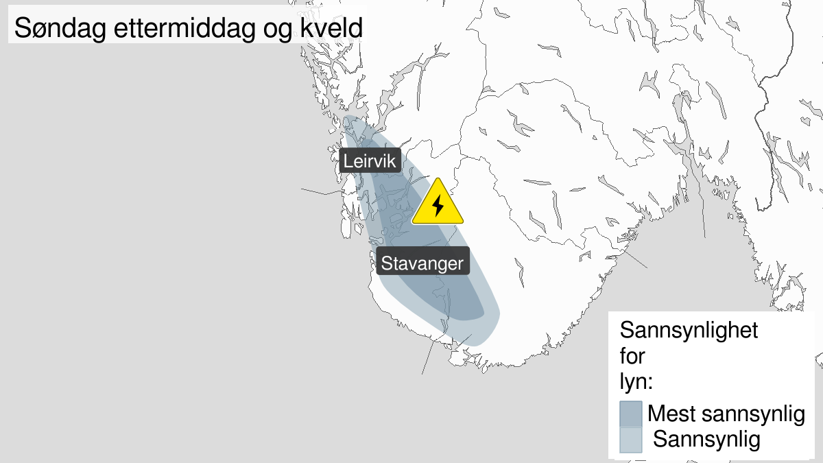 Kart over Mye lyn, gult nivå, Deler av Sunnhordland, Rogaland og Agder, 2023-07-30T11:15:00+00:00, 2023-07-30T16:30:00+00:00