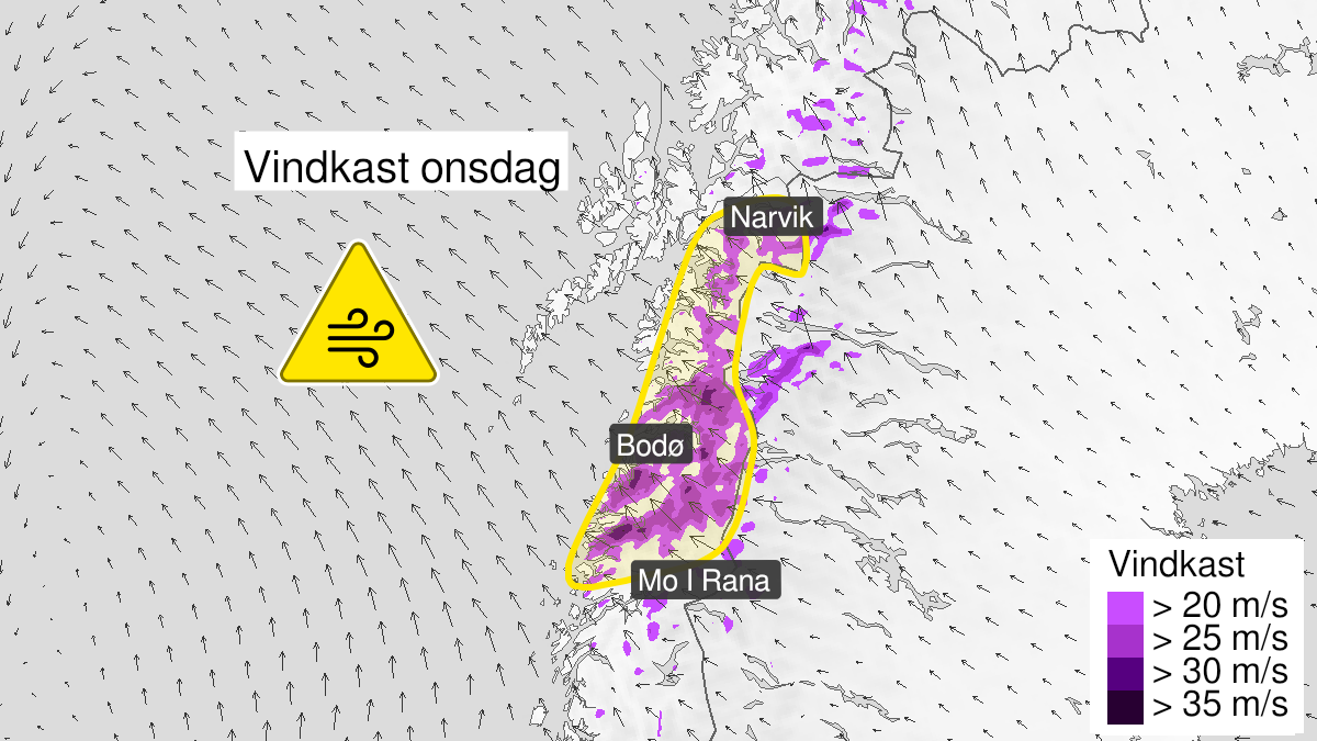 Kart over kraftige vindkast, gult nivå, Helgeland, Saltfjellet, Salten og Ofoten, 25 May 04:00 UTC til 25 May 08:00 UTC.