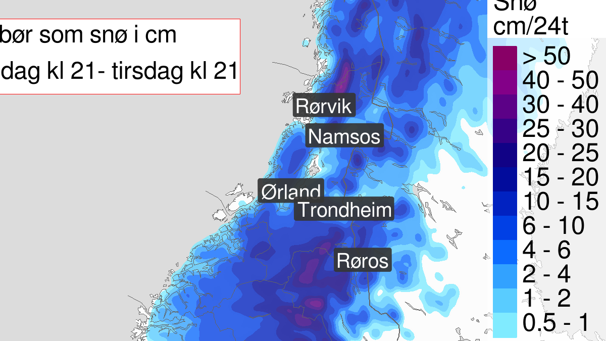 Heavy snow, yellow level, Trøndelag, 18 November 14:00 UTC to 19 November 20:00 UTC.