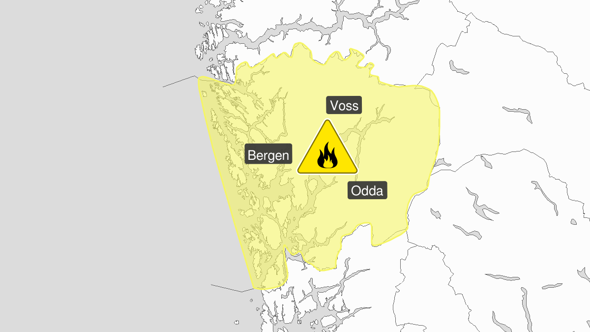 Forest fire danger, yellow level, Hordaland, 16 May 14:00 UTC to 18 May 04:00 UTC.