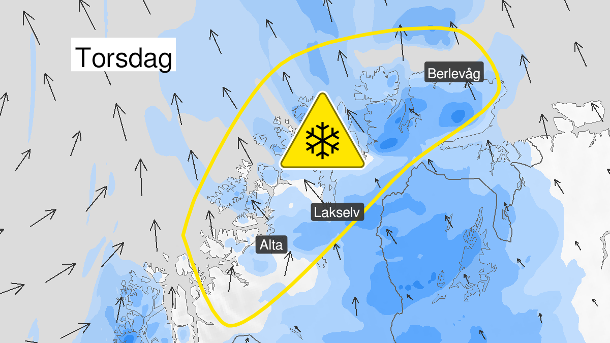 Map over Blowing snow, yellow level, Outer regions of Finnmark, 2023-02-23T01:00:00+00:00, 2023-02-23T21:00:00+00:00