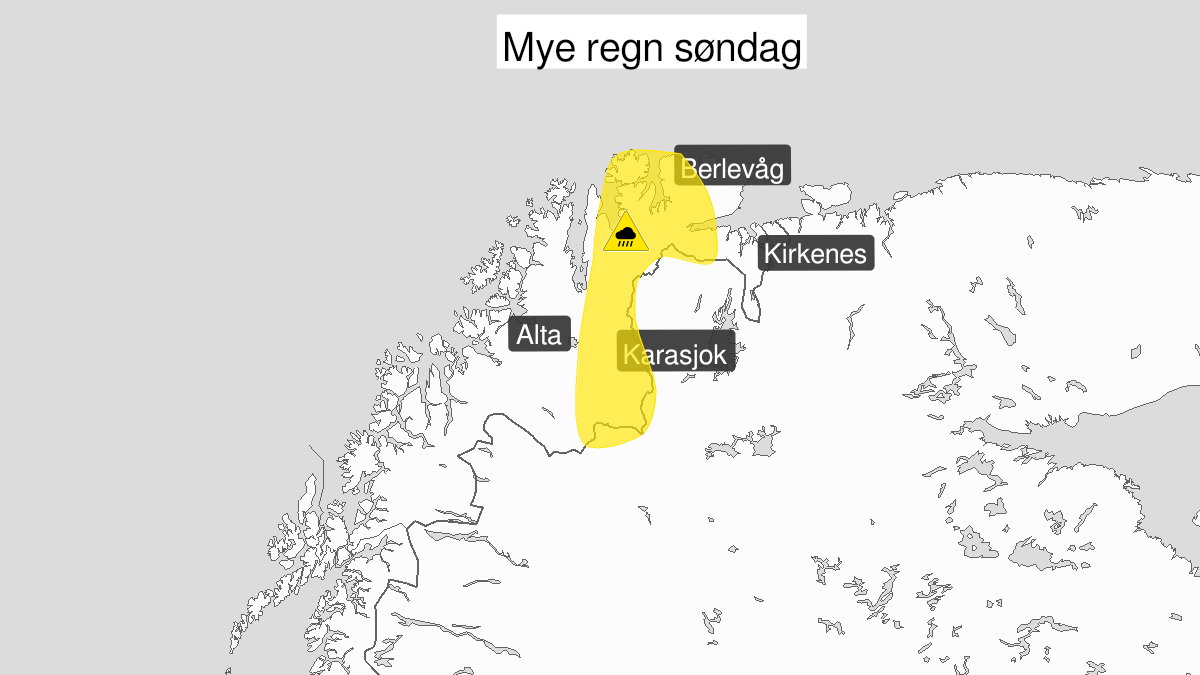 Kart over Mye regn, gult nivå, Deler av Finnmark, 2022-08-07T00:00:00+00:00, 2022-08-07T09:00:00+00:00