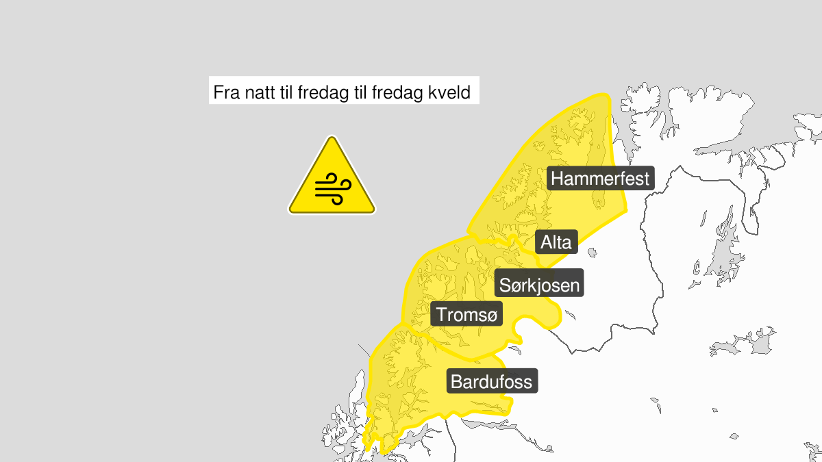 Map of strong wind gusts, yellow level, Kyst- and fjordstroekene i Vest-Finnmark, 04 February 06:00 UTC to 05 February 00:00 UTC.