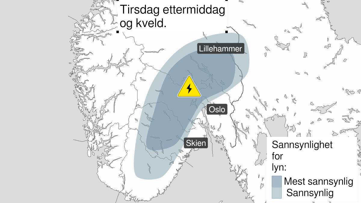 Map of frequent lightning, yellow level, Aust-Agder, Telemark, Buskerud, Oslo, Akershus, Oppland og Hedmark, 29 June 15:00 UTC to 29 June 22:00 UTC.