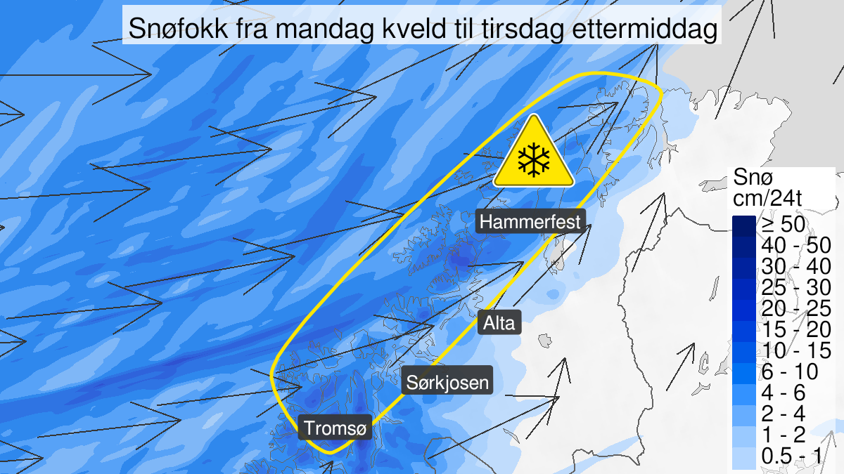 Map over Blowing snow, yellow level, Parts of Troms and Finnmark, 2023-01-23T17:00:00+00:00, 2023-01-24T16:00:00+00:00