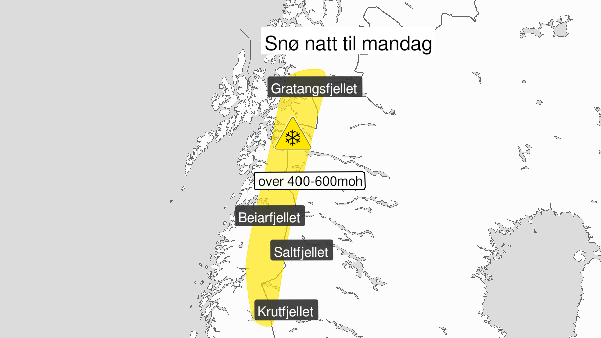 Map over Snow, yellow level, Mountain areas Nordland and south in Troms.  , 2023-05-28T21:00:00+00:00, 2023-05-29T09:00:00+00:00