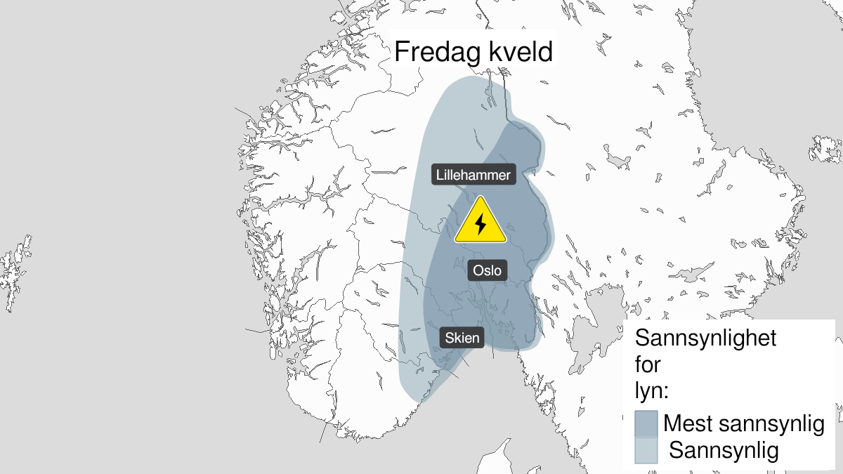 Kart over Mye lyn, gult nivå, Østlandet og deler av Sørlandet, 2024-05-31T16:00:00+00:00, 2024-05-31T21:00:00+00:00