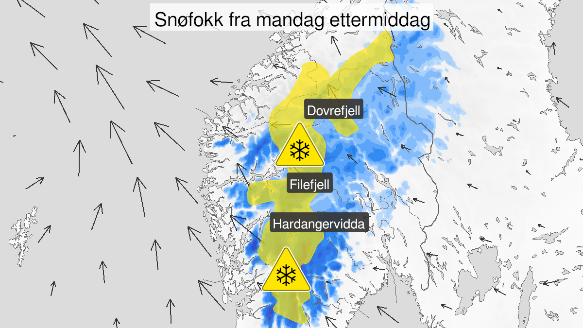 Map over Blowing snow, yellow level, Mountainous areas in Southern Norway, 2023-04-10T11:00:00+00:00, 2023-04-11T09:00:00+00:00