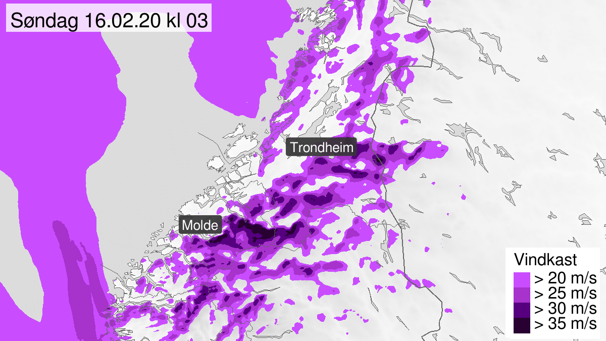 Kraftige vindkast, gult nivå, Møre og Romsdal, 15 February 18:00 UTC til 16 February 06:00 UTC.
