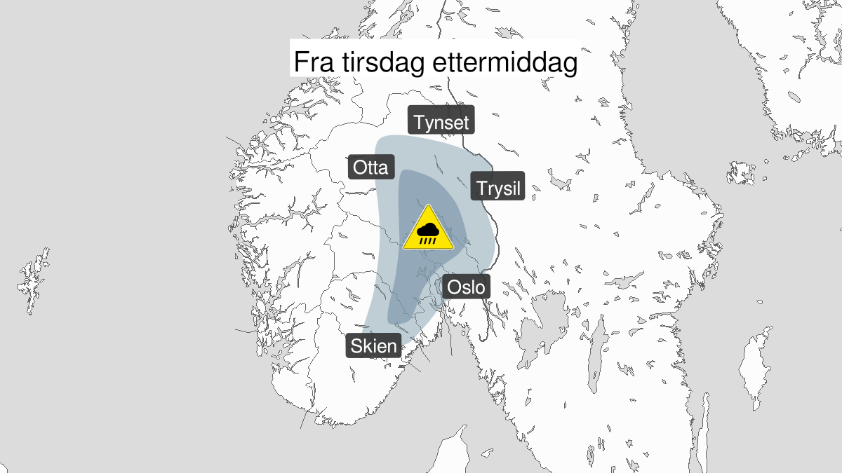 Kart over Styrtregn, gult nivå, Deler av Østlandet, 2024-07-23T12:00:00+00:00, 2024-07-23T21:00:00+00:00