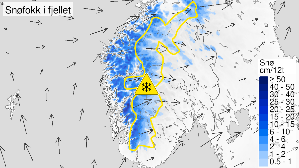 Map over Blowing snow, yellow level, Mountains in South Norway, 2024-04-10T07:00:00+00:00, 2024-04-11T12:00:00+00:00