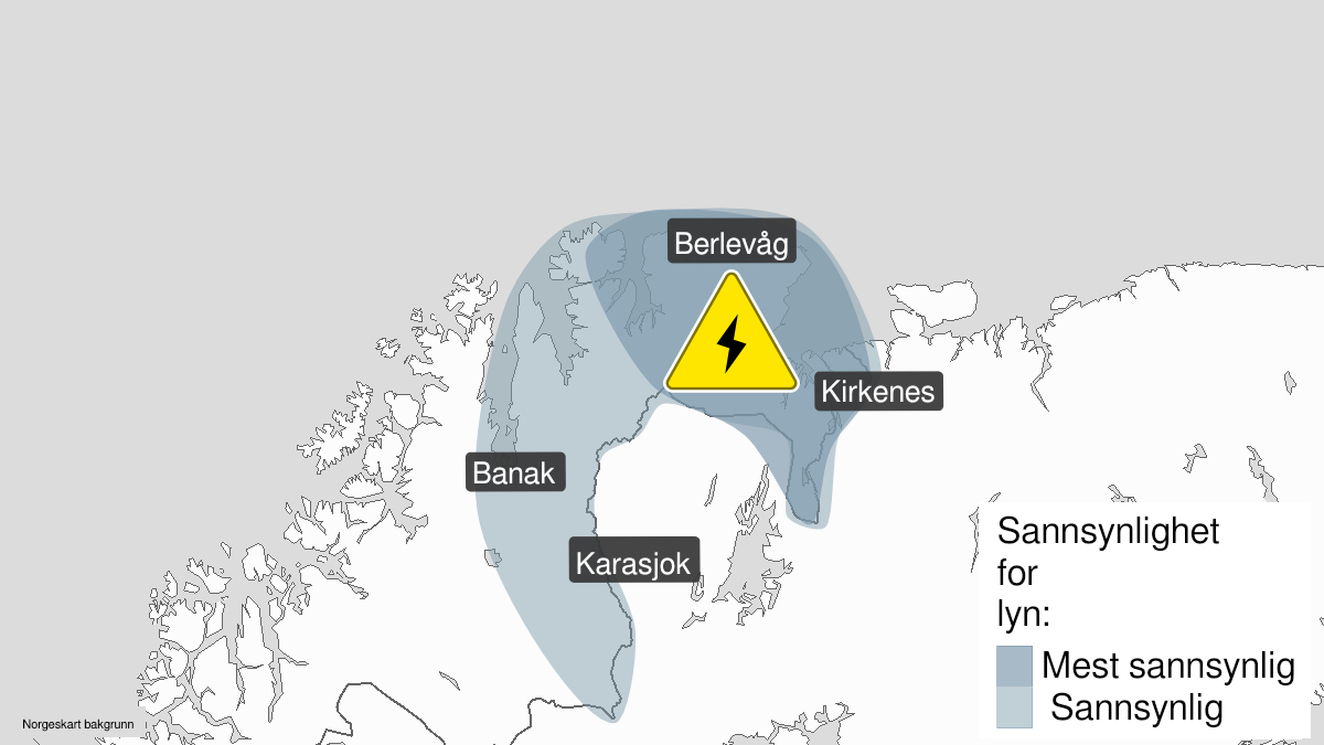 Kart over Mye lyn pågår, gult nivå, Øst-Finnmark, 2022-07-13T11:00:00+00:00, 2022-07-14T00:00:00+00:00