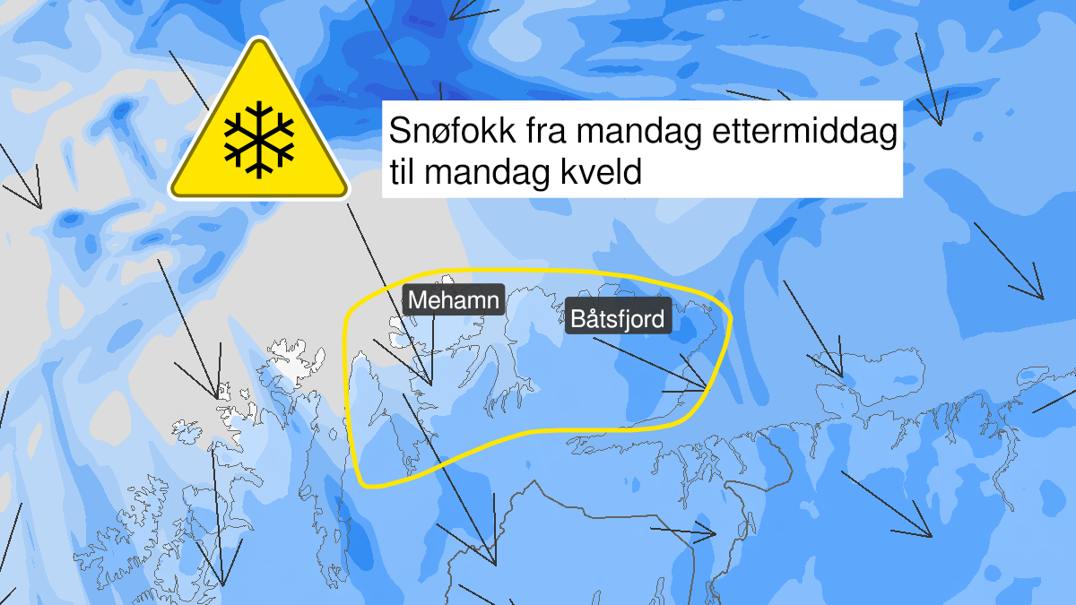 Map over Blowing snow, yellow level, Parts of East-Finnmark, 2023-03-20T13:00:00+00:00, 2023-03-20T19:00:00+00:00