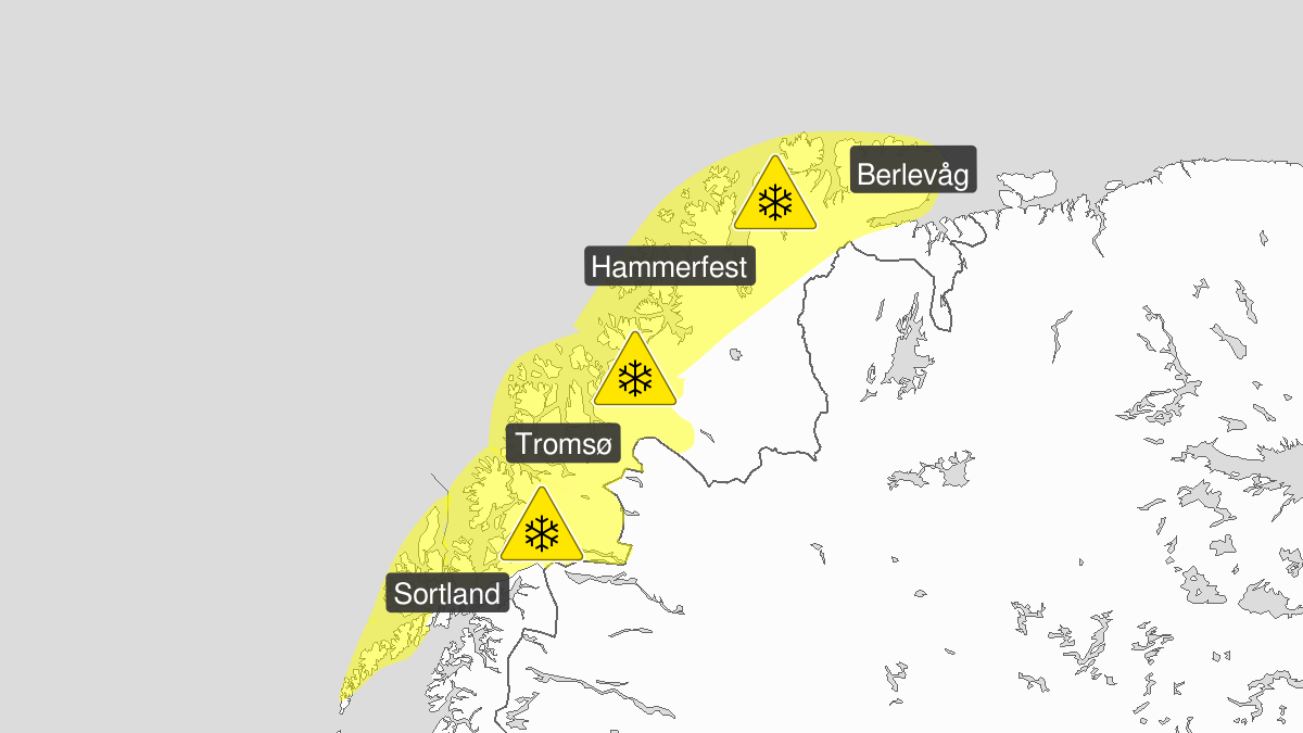 Blowing snow, yellow level, Lofoten, Vesteraalen and Troms and Kyst- and fjordstroekene i Finnmark, 16 February 05:00 UTC to 16 February 23:00 UTC.