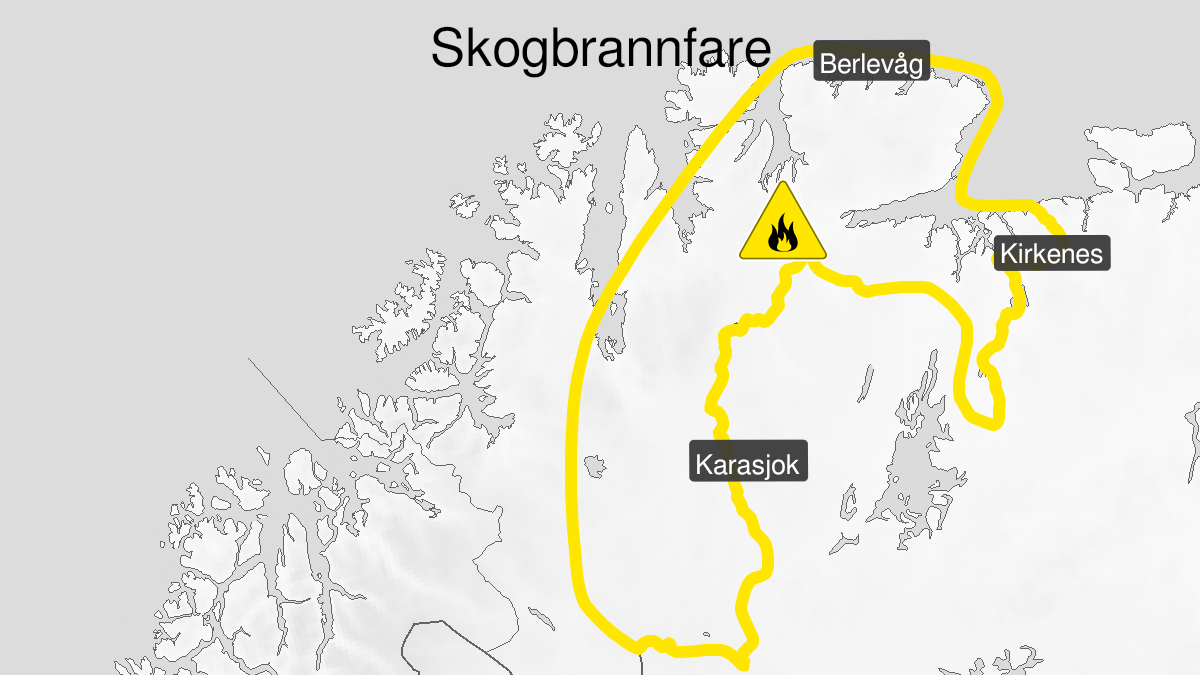 Kart over Skogbrannfare, gult nivå, Sørøstlige deler av Finnmark, 2024-09-07T22:00:00+00:00, 2024-09-09T22:00:00+00:00