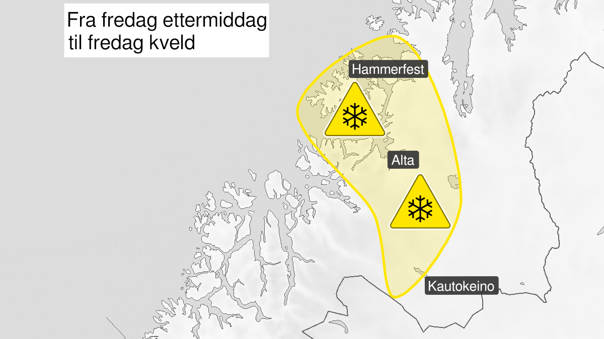 Kart over kraftig snøfokk, gult nivå, Vest-Finnmark med Vidda, 12 February 15:00 UTC til 12 February 23:00 UTC.