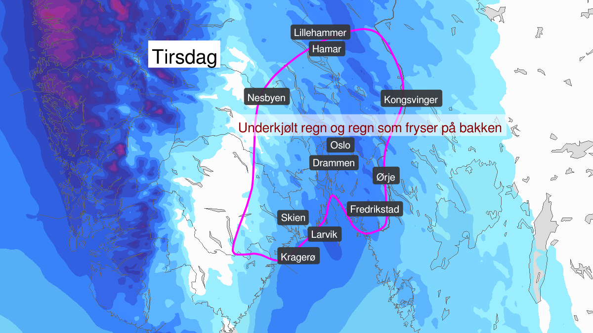 Is, gult nivå, Telemark, Vestfold, Østfold, Oslo, Akershus og Buskerud, 03 December 04:00 UTC til 03 December 12:00 UTC.