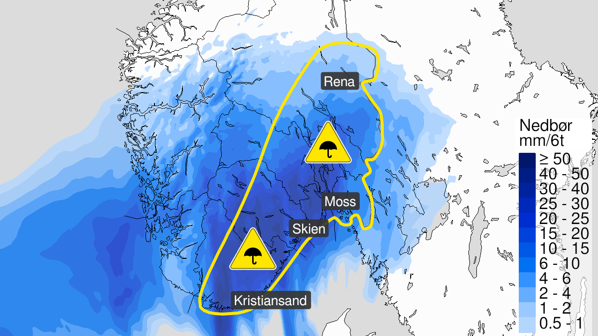 Kart over Mye regn, gult nivå, Deler av Østlandet og Sørlandet, 2024-07-10T05:00:00+00:00, 2024-07-10T16:00:00+00:00