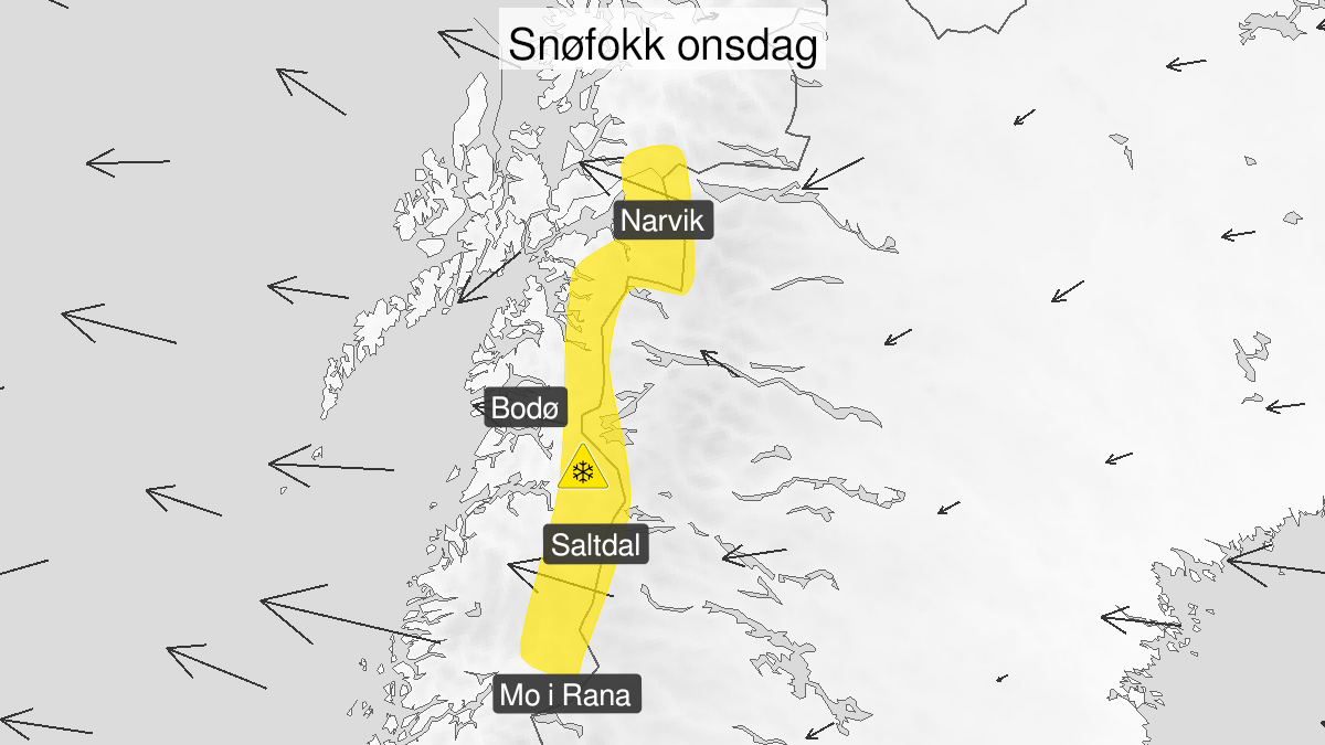 Kart over Kraftig snøfokk, gult nivå, Fjellet i Nordland, 2023-01-18T00:00:00+00:00, 2023-01-18T16:00:00+00:00