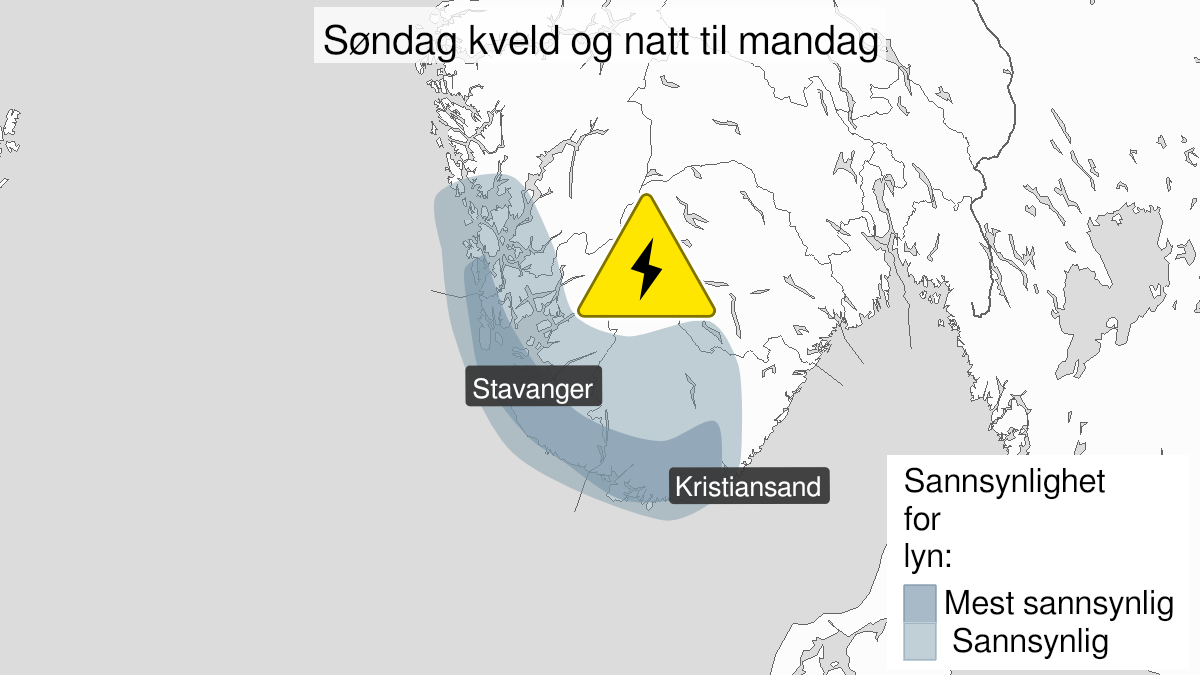 Kart over Mye lyn, gult nivå, Deler av Agder, Rogaland og Vestland, 2024-09-08T19:00:00+00:00, 2024-09-09T03:00:00+00:00