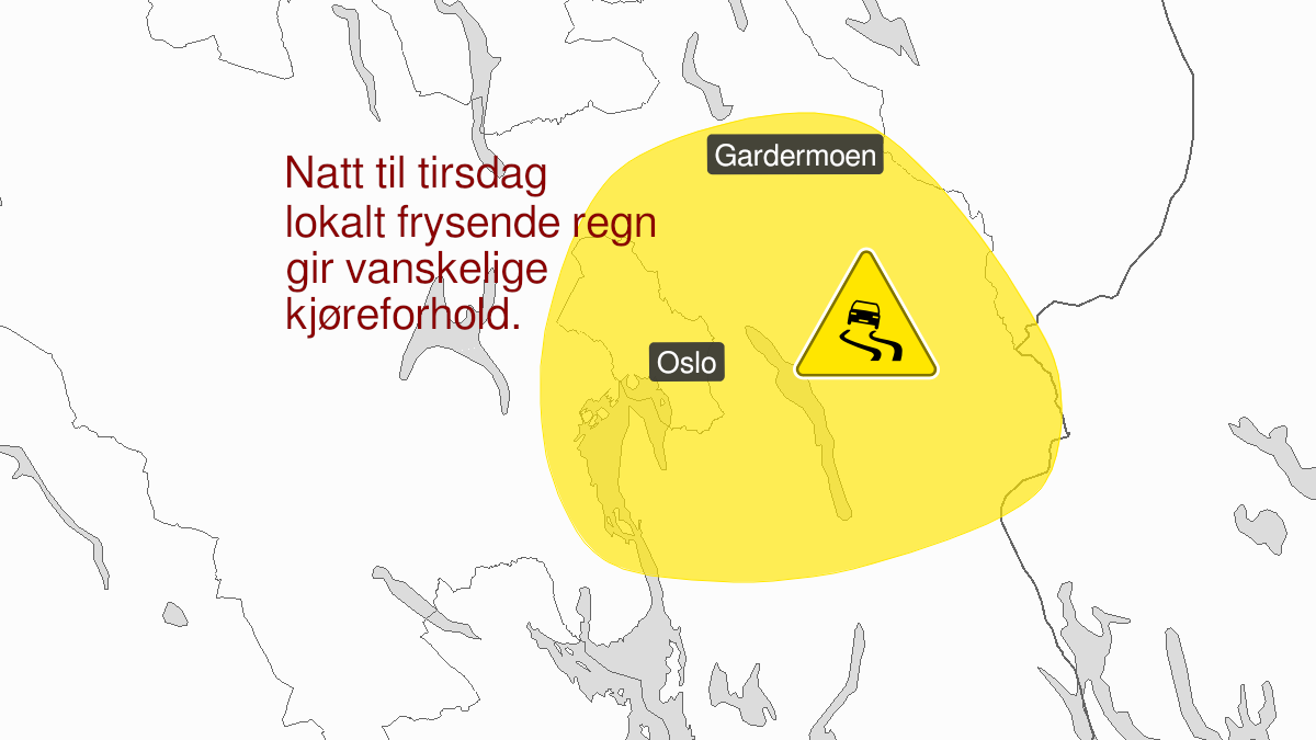 Map of ice, yellow level, Oslo, Akershus, 07 February 23:00 UTC to 08 February 02:00 UTC.