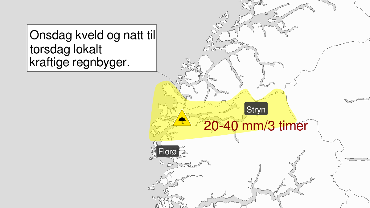 Kraftige regnbyger, gult nivå, Nordfjord, 28 August 15:00 UTC til 29 August 05:00 UTC.