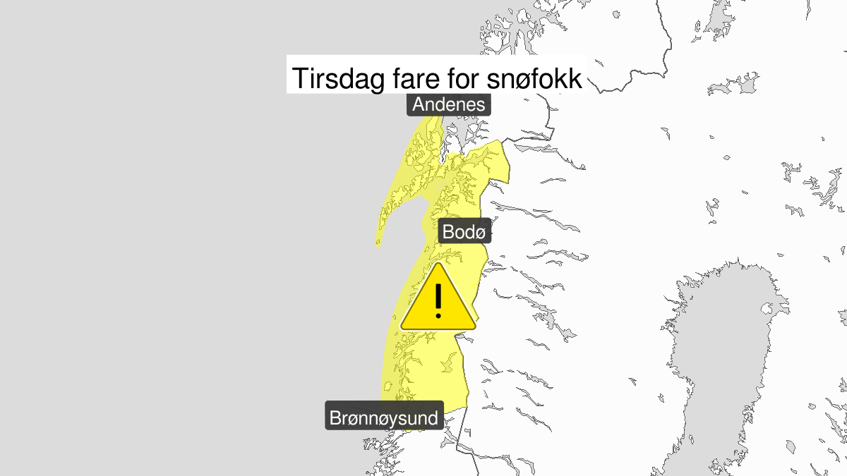 Blowing snow, yellow level, Nordland, 21 January 00:00 UTC to 22 January 00:00 UTC.