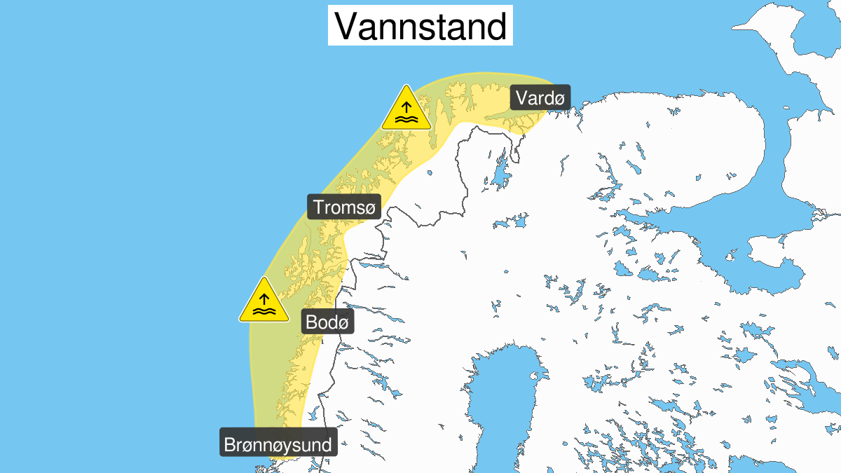 Høy vannstand, gult nivå, Vesterålen, Troms og Kyst- og fjordstrøkene i Finnmark, 12 March 12:00 UTC til 12 March 21:00 UTC.