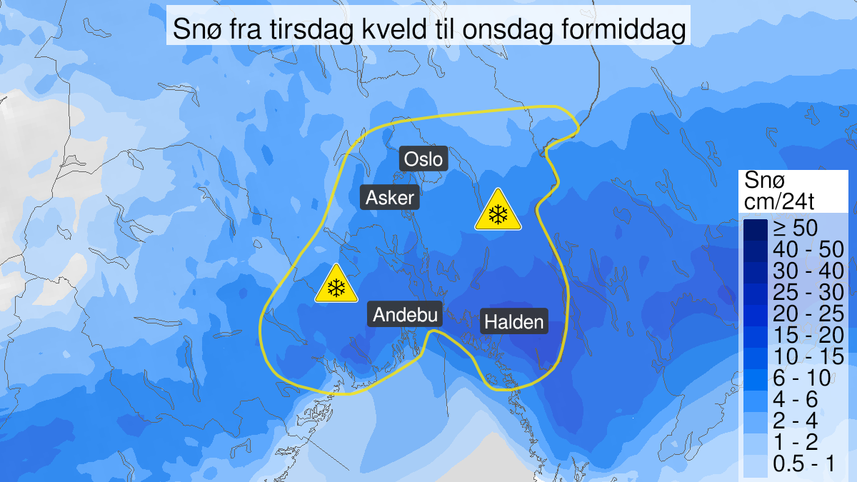 Map over Snow, yellow level, Parts of Østlandet, 2023-03-28T20:00:00+00:00, 2023-03-29T06:00:00+00:00