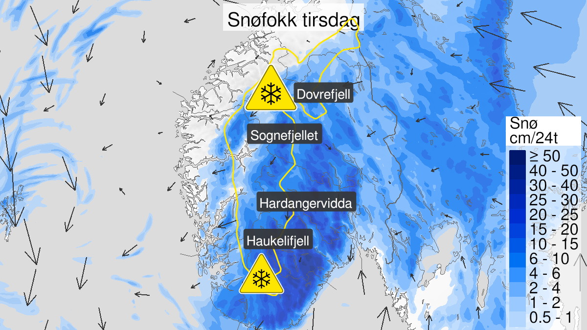 Kart over Kraftig snøfokk pågår, gult nivå, Fjellet i Sør Norge, 2023-01-17T07:30:00+00:00, 2023-01-18T00:00:00+00:00