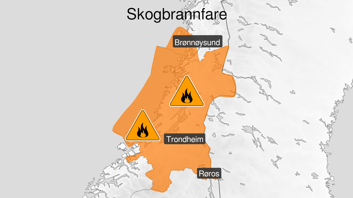 Kart over Stor skogbrannfare, oransje nivå, Trøndelag og sør på Helgelandskysten, 2024-05-22T07:00:00+00:00, 2024-05-27T22:00:00+00:00