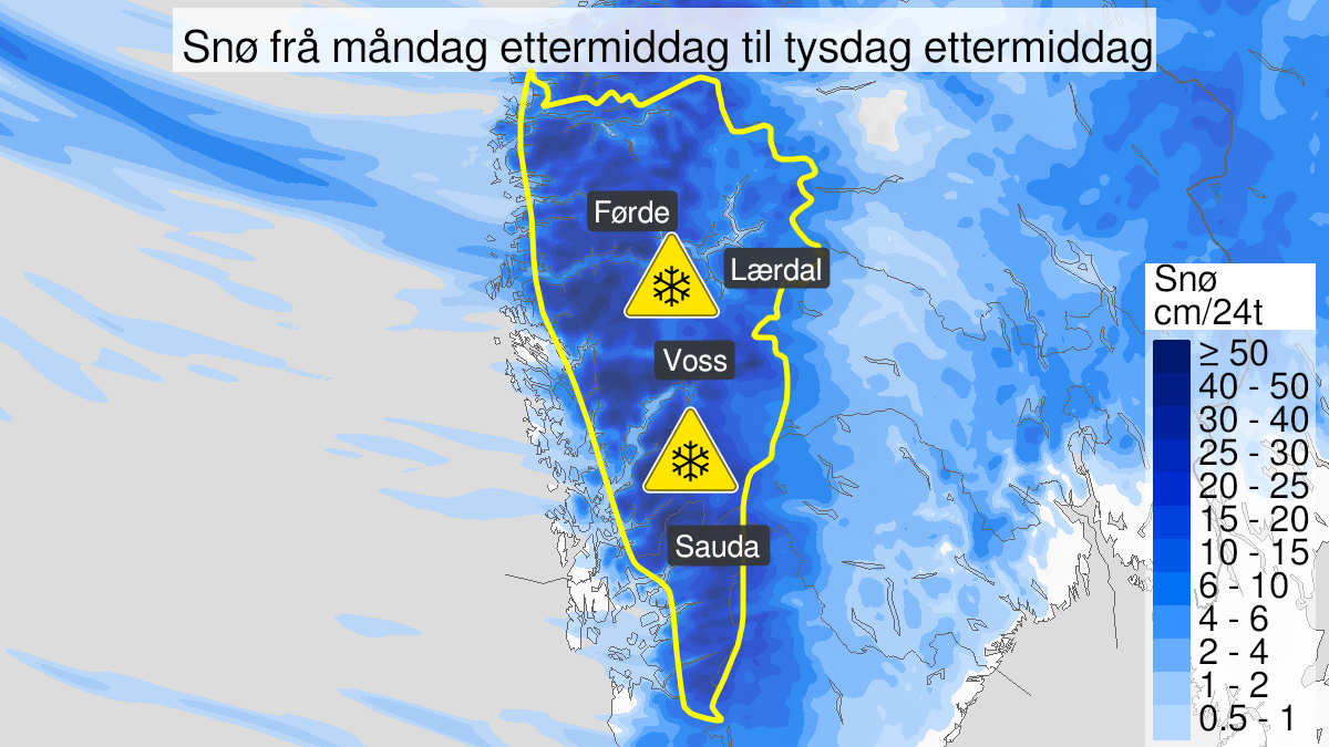Map over Snow, yellow level, Inner parts of Rogaland and Vestland, 2022-12-26T12:00:00+00:00, 2022-12-27T15:00:00+00:00