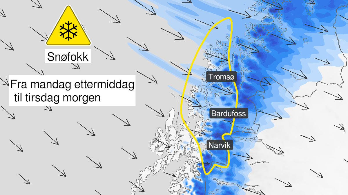 Map over Blowing snow, yellow level, Parts of Troms and Ofoten, 2023-02-27T12:00:00+00:00, 2023-02-28T06:00:00+00:00