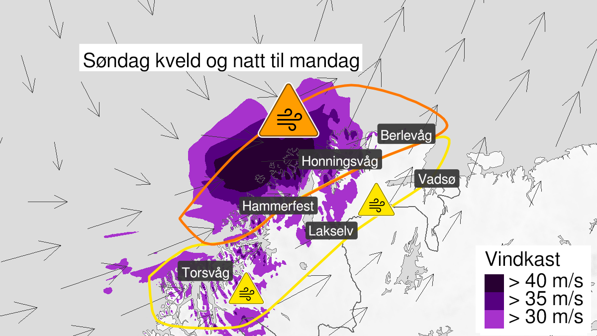 Kart over kraftige vindkast, gult nivå, Nord-Troms, Fjordstrøkene i Vest-Finnmark og Fjordstrøkene i Øst-Finnmark, 27 February 17:00 UTC til 28 February 04:00 UTC.