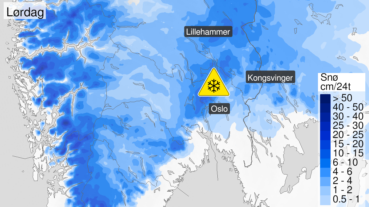 Kart over snø, gult nivå, Oslo, Akershus, 26 December 08:00 UTC til 26 December 22:00 UTC.