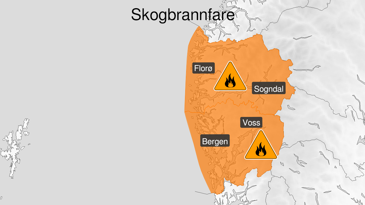 Kart over stor skogbrannfare, oransje nivå, Vestland fylke, 01 May 13:00 UTC til 06 May 06:00 UTC.