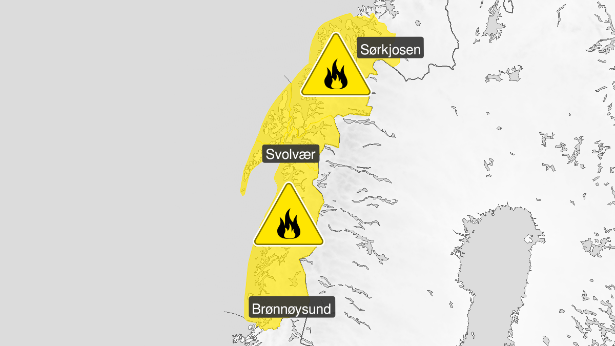 Map of forest fire danger expected, yellow level, Troms, 30 December 11:00 UTC to 03 January 22:00 UTC.